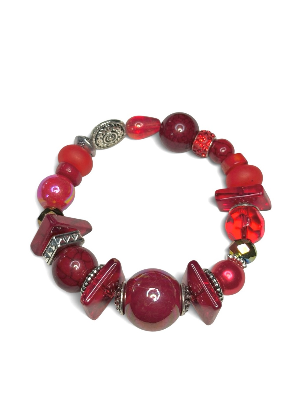 Handcrafted Red Chunky Mixed Beaded Stretch Statement Bracelet